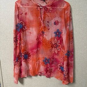 Daisy Fuentes Coral Pink & Blue Floral Sheer Tie-Neck Blouse